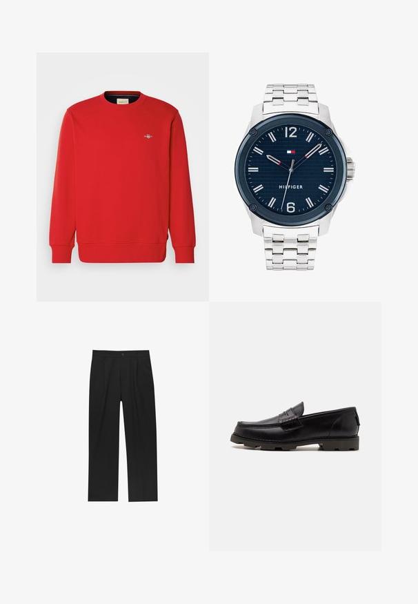 Rotes Sweatshirt mit langen Ärmeln, Rundhalsausschnitt und gerippten Bündchen. Mit einem kleinen Logo auf der Brust. Hergestellt aus einem glatten Mischgewebe.; Schwarze Hose mit geradem Schnitt, aus einem glatten Stoff gefertigt. Verfügt über Vorderfalten und einen einzelnen Knopfverschluss an der Taille.; Schwarze Leder-Loafer mit abgerundetem Zehenbereich, dekorativer Naht und strukturiertem Außensohle für besseren Halt. Leicht erhöhter Absatz.; Silberner Edelstahlarmbanduhr mit einem navyblauen Zifferblatt, weißen Stundenmarkierungen und einem roten Akzent. Verfügt über ein Gliederarmband und ein rundes Gehäuse.; Goldene Kreuzohrringe mit glatter Oberfläche und hängender Schlaufe, die ein einfaches, längliches Design aufweisen. Jedes Kreuz hat eine einheitliche Größe.
