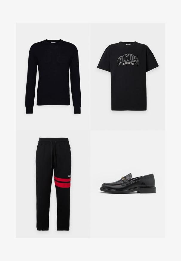 Black long-sleeve sweater made from soft knit material. Round neckline, ribbed cuffs and hem. Minimalist design with no visible patterns or buttons.; Black cotton t-shirt with short sleeves. Features white GCDS logo and "MILANO ITALY 1988" text in an arch. Standard fit and crew neck.; Black sweatpants with contrast red stripes and logo on the side. Features an elastic waistband with drawstring and tapered ankle cuffs.; Black leather loafers with a rounded toe, featuring gold hardware accent and stitching detail, set on a low, textured rubber sole.