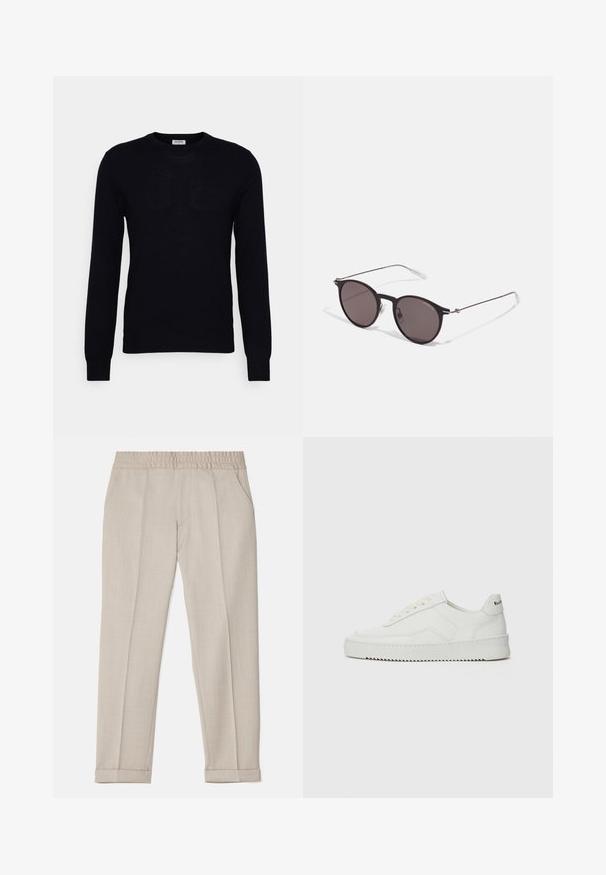 Zwarte lange mouwen trui gemaakt van zacht gebreid materiaal. Ronde halslijn, geribbelde manchetten en zoom. Minimalistisch ontwerp zonder zichtbare patronen of knopen.; Filippa K TERRY CROPPED TROUSERS - Broek - sage melange; Witte leren sneaker met een gladde afwerking, ronde neus, platte veters en een gestructureerde zool. Kenmerkt zich door een subtiel logo op de hiel.; Zwarte ronde zonnebril met donkere lenzen en slanke metalen armen. Inclusief heldere tempelpunten en zilveren accenten bij de scharnier. Minimalistisch ontwerp.