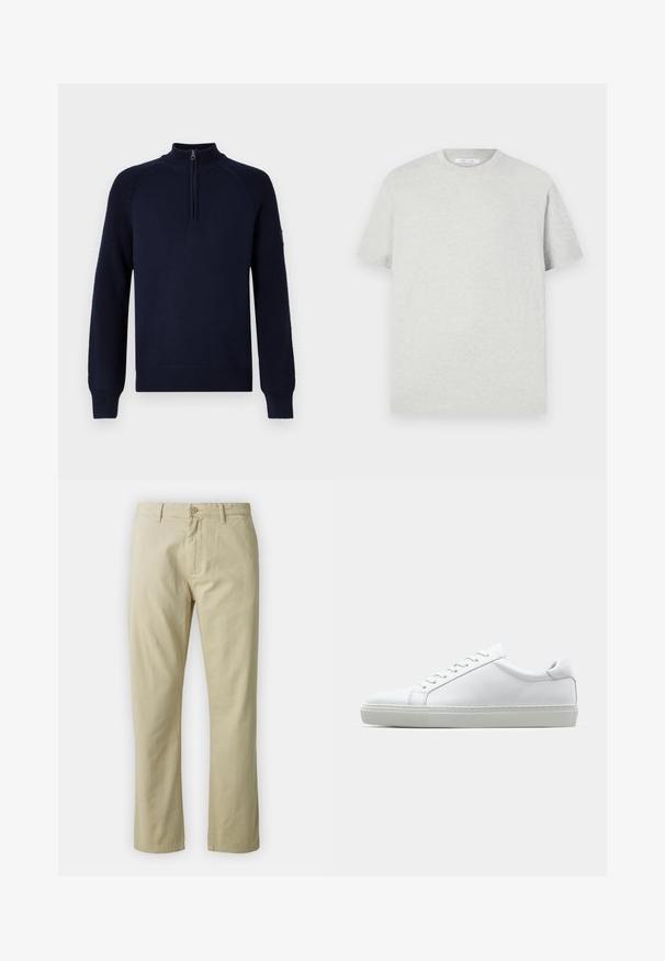 Navy blue knitted pullover with a stand-up collar and a half-zip closure, featuring ribbed cuffs and hem.; Light grey short-sleeve t-shirt made of soft material, featuring a round crew neck and a relaxed fit with no visible patterns or accents.; Beige cotton trousers with a straight-leg design, front button closure, and belt loops. Smooth texture, no visible patterns or accents.; White sneaker with a smooth leather upper and a low profile. Features a rounded toe, six eyelets, and a textured rubber sole.