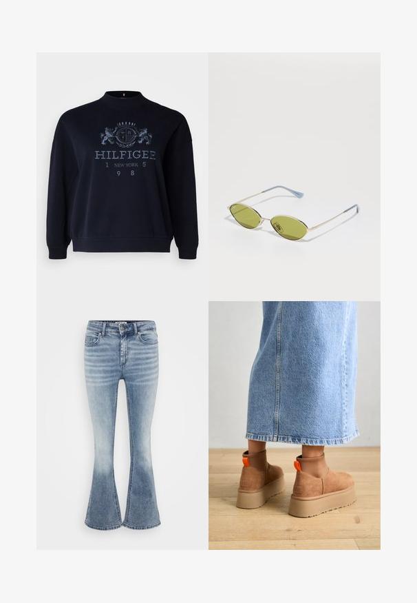 Navy blue sweatshirt made of cotton featuring a textured logo print, crew neck, and ribbed cuffs and hem.; Even&Odd Petite 3 PACK - Long sleeved top - black/white/light green; Light blue flared jeans made of denim, featuring a classic five-pocket design, front zip closure, and subtle fading along the thighs.; Brown suede platform boots with elastic side panels and orange pull tabs, paired with a knee-length light denim skirt on a wooden floor.; Olive green sunglasses with a thin gold frame and blue-accented arms. Oval lenses and minimalistic design.