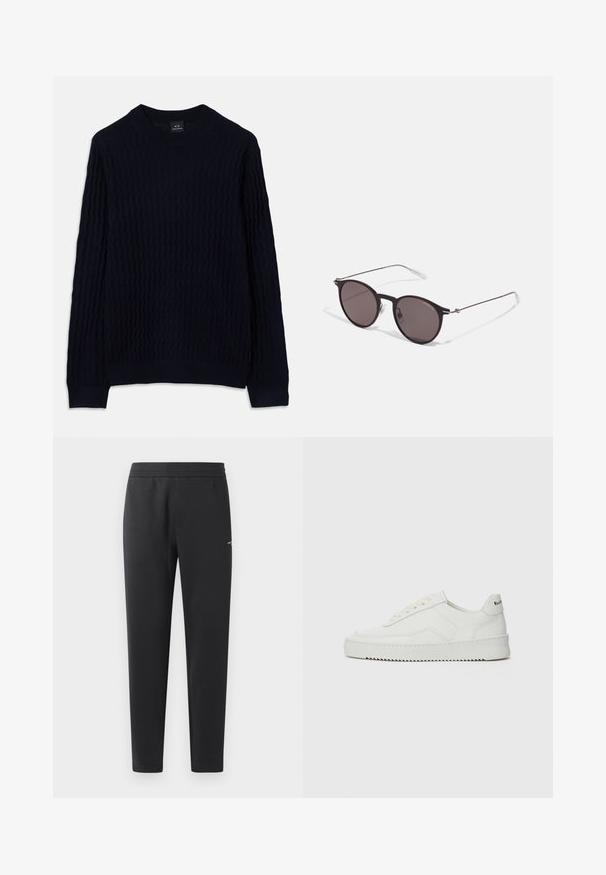 Maglione blu navy a maniche lunghe con un motivo a coste ondulato e collo a girocollo, polsini e fondo a coste di Armani Exchange.; Pantaloni jogger neri realizzati in tessuto morbido, con vita elasticizzata, gambe dritte e un piccolo logo sulla parte laterale.; Sneaker in pelle bianca con una finitura liscia, punta rotonda, lacci piatti e suola testurizzata. Presenta un logo discreto sul tallone.; Occhiali da sole neri rotondi con lenti scure e sottili bracci in metallo. Include punte trasparenti e accenti argentati alla cerniera. Design minimalista.