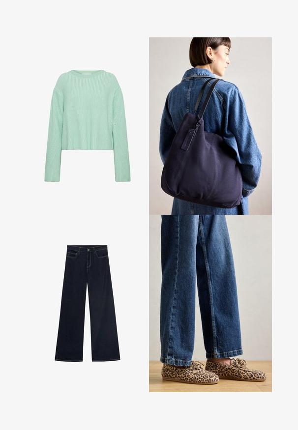 Pull court vert clair avec texture côtelée, manches longues et motifs diagonaux distinctifs sur le corps et les manches.; Jeans à jambes larges en denim bleu foncé avec des coutures jaunes, cinq poches et un zip. Texture lisse, design décontracté.; Mocassins en daim à imprimé léopard, avec un bout rond, un laçage, et des semelles plates et flexibles, associés à un jean en denim bleu.; Sac à épaule en toile navy avec une forme douce et structurée, doté d'une sangle noire, de détails cousus et d'une petite étiquette de marque.