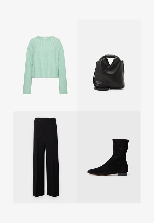 Hele roheline lühike sviiter ribakujundusega, pikad varrukad ning eristuvad diagonaalsed mustrid keha ja varrukatel.; Mustad laiatsäärised püksid, millel on lame esiosa, nupuga kinnitamine ja sile kangatekstuur. Omab sirget lõiget ja teravaid jooni.; Musthave mustan nahast pahkluu saabas, millel on kitsas vars, terav nina ja madal plokk-konts. Pehme tekstuur ja minimalistlik disain, sobib mitmekesiseks stiliseerimiseks.; Must ja pehme nahast kott, millel on unikaalne keerdkujuline disain. Omab lühikest kätset ja eemaldatavat õlarihma. Minimalistlik stiil.