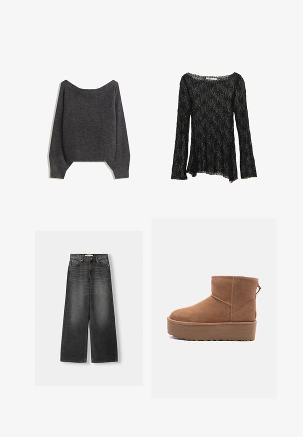 Sötét szürke, vállra húzható pulóver bordázott kivágással és lufis ujjakkal, texturált kötött anyagból készült. Rövidített szegély részletek.; Fekete csipke felső, laza szabással, hosszú ujjakkal és széles kivágással. Texturált mintával és diszkrét csillogó elemekkel rendelkezik.; Szaténos szürke farmernadrág, széles lábbal és magas derékkal. Öt zsebszámmal, fémtartókkal és övhurkokkal rendelkezik. Simás textúrával és enyhe kopással.; Barna suede bokacsizma platform talppal, lekerekített orral és varrás részletekkel; a hátsó részen húzófül található a könnyű felhúzás érdekében.