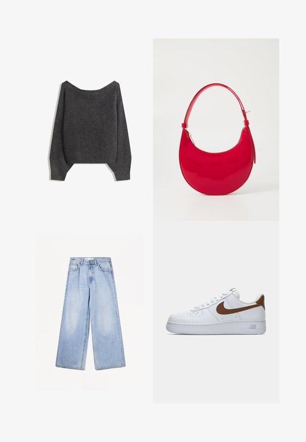 Dunkelgrauer, schulterfreier Pullover mit geripptem Halsausschnitt und Ballonärmeln, gefertigt aus einem strukturierten Strickstoff. Gekürzte Saumdetails.; Bershka WIDE-LEG - Wide Leg - light-blue denim; Weiße Nike Air Force 1 Sneaker mit braunem Swoosh und Fersentab, von der Außenseite auf einem schlichten weißen Hintergrund betrachtet.; Rote Lackleder-Handtasche mit geschwungener Silhouette, kurzem Griff und Reißverschluss, ausgestattet mit einer glatten, glänzenden Oberfläche.
