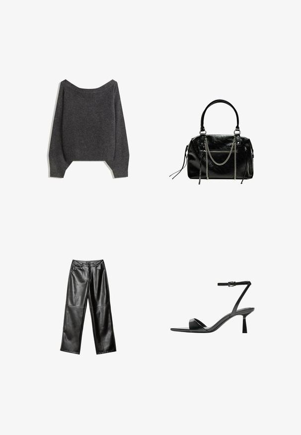 Czarnoszary sweter typu off-the-shoulder z prążkowanym dekoltem i bufiastymi rękawami, wykonany z teksturowanej dzianiny. Szczegóły krótkiego dołu.; Czarne skórzane spodnie typu wide-leg o gładkiej fakturze, zaprojektowane w pięć kieszeni oraz z przeszyciami wzdłuż nóg i pasa.; Bershka - Sandały na obcasie; Bershka - Torebka