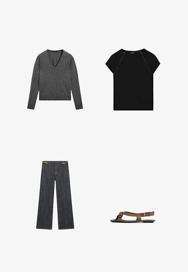 Szary sweter z długim rękawem i kołnierzykiem w kształcie V, wykonany z miękkiej dzianiny. Posiada prążkowane mankiety i lekko skrócony krój.; Czarny top z krótkim rękawem z okrągłym dekoltem i kontrastowym białym szyciem wzdłuż ramion i boków. Miękka, gładka tkanina.; Ciemnoniebieskie dżinsowe spodnie o szerokich nogawkach i wysokim stanie. Posiadają widoczne szwy, zapięcie na guzik i unikalny łańcuszek jako akcent w talii.; Brązowe skórzane sandały z otwartym palcem i wycięciami po bokach. Posiadają pasek na kostkę z metalową klamrą oraz płaską podeszwę.