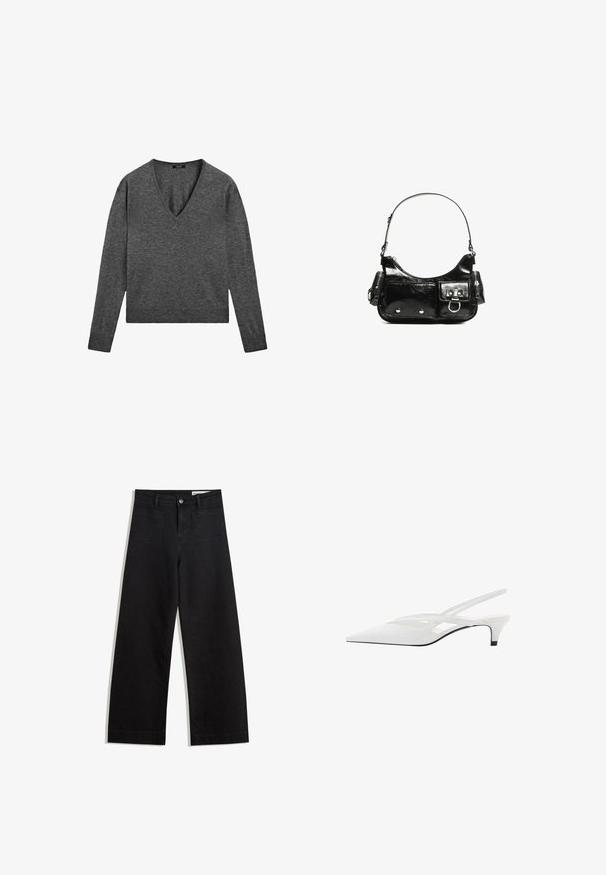 Grijze lange mouw trui met een V-hals, gemaakt van zachte gebreide stof. Heeft ribgebreide manchetten en een iets verkorte zoom.; Zwarte denim broek met wijde pijpen en een hoge taille, voorzien van voor- en achterzakken, gestikte naden en een knoopsluiting. Gladde textuur.; Witte slingback hak met spitse neus, voorzien van een gladde bovenkant, subtiele uitsparingen en een lage blokhak. Zwarte zool accentueert het ontwerp.; Zwarte laarzen in lakleer met een gebogen vorm, één schouderband, voorvakken en accenten in zilverkleurig metaal.