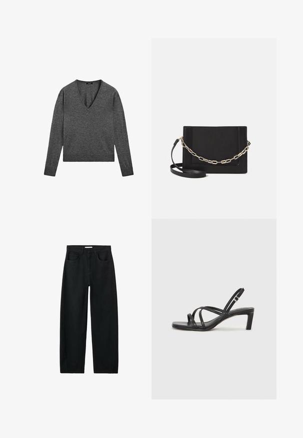 Grijze lange mouw trui met een V-hals, gemaakt van zachte gebreide stof. Heeft ribgebreide manchetten en een iets verkorte zoom.; Zwarte jeans met hoge taille en rechte pijpen, voorzien van voorzakken, lussen voor een riem en zichtbare stiksels op een witte achtergrond.; Zwarte sandaal met bandjes, vierkante teen en een lage blokhak. Voorzien van meerdere dunne bandjes en een verstelbare enkelband. Gemaakt van zacht leer.; Zwarte leren schoudertas met een gladde textuur, rechthoekige vorm en een metallic kettingdetail aan de voorkant. Verstelbare schouderband inbegrepen.; Zilveren druppeloorbellen met een vierkante stud, voorzien van een gladde, gepolijste afwerking en een druppelvorm, die het licht weerspiegelt met een glanzend oppervlak.