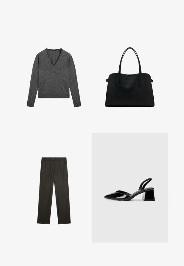 Grauer langärmeliger Pullover mit V-Ausschnitt, aus weichem Strickstoff gefertigt. Mit gerippten Bündchen und einem leicht verkürzten Saum.; Dunkelgrüne, weit geschnittene Hosen mit glatter Textur, elastischem Bund und seitlichen Taschen. Schlichtes Design ohne sichtbare Muster oder Beschläge.; Schwarze Lackleder-Slingback-High Heels mit spitzem Schuh und einem geometrischen Blockabsatz. Verfügt über ein schlankes, minimalistisches Design und eine glatte Textur.; Schwarze Lederhandtasche mit zwei Schulterriemen, rechteckiger Form und minimalistischem Design auf weißem Hintergrund.