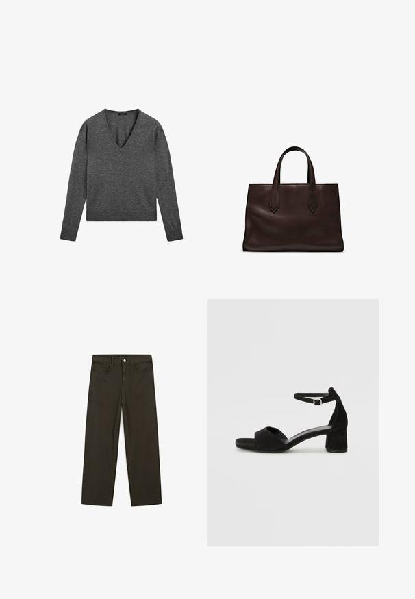 Grauer langärmeliger Pullover mit V-Ausschnitt, aus weichem Strickstoff gefertigt. Mit gerippten Bündchen und einem leicht verkürzten Saum.; Dunkelgrüne Jeans im weit geschnittenen Style, hergestellt aus einem Baumwollgemisch. Sie verfügen über einen Frontknopfverschluss, fünf Taschen und klassische Denim-Nähte.; Schwarze Wildleder-Espadrilles mit einem dünnen Knöchelriemen, offener Zehenpartie und moderatem Blockabsatz. Glatte Textur und minimale Akzente.; Braune Ledertasche mit zwei langen Griffen, strukturierte rechteckige Form, glatte Textur und dezente Nähdetails.