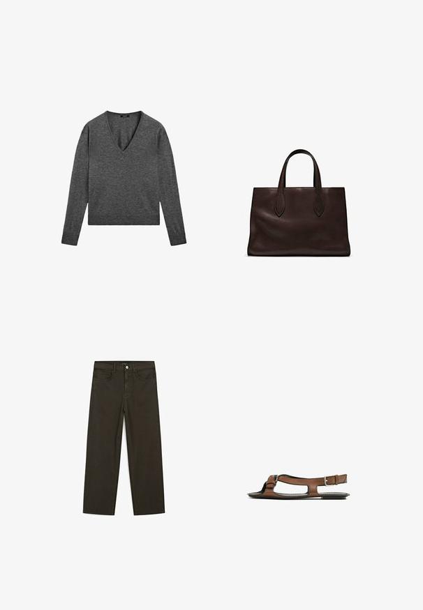 Gray long-sleeve sweater with a V-neckline, made of soft knit fabric. Features ribbed cuffs and a slightly cropped hem.; Dark green wide-leg jeans made of cotton blend, featuring a front button closure, five pockets, and classic denim stitching.; Brown leather sandal with an open toe and side cutouts. Features an ankle strap with a metal buckle and a flat sole.; Brown leather tote bag with two elongated handles, structured rectangular shape, smooth texture, and subtle stitching details.