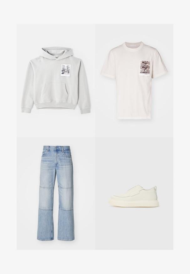 Light gray hoodie in soft fabric with a large front pocket and drawstring hood. Features a small photo print on the left chest area.; Cream cotton T-shirt with a crew neckline, short sleeves, and a chest pocket featuring a printed urban photo. Soft texture, relaxed fit.; Light blue denim trousers with a wide-leg design, featuring contrasting panels and visible stitching. High-waisted with a button closure.; Slip-on sneaker in off-white textured material with a thick, ridged sole. Features minimal seams and a subtle light blue accent.