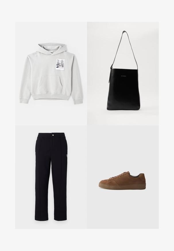 Felpa grigia chiara in tessuto morbido con grande tasca frontale e cappuccio con cordino. Presenta una piccola stampa fotografica nell'area del petto sinistro.; Pantaloni da tuta neri con una vestibilità su misura, caratterizzati da cuciture laterali, orlo con zip e chiusura con bottone metallico in vita. Dettaglio di branding sottile.; Sneaker in suede marrone con punta arrotondata, lacci piatti e suola in gomma texture. Design semplice con accenti minimi.; Borsa a tracolla in pelle nera con texture liscia, forma rettangolare e tracolla lunga; presenta un piccolo logo bianco al centro.