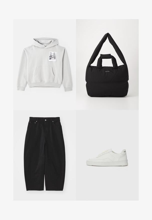 Gaišas pelēks kapucis izgatavots no mīksta auduma ar lielu frontālo kabatu un auklu kapuci. Uz kreisā krūšu apgabala ir maza fotoattēlu druka.; Helmut Lang COCOON GALLERY - Brīva piegriezuma džinsi - black; Baltas ādas sneakers ar gludu virsmu, apaļu pirkstu daļu, plakaniem šņorēm un teksturētu zoli. Satur diskrētu logotipu uz papēža.; Melnā mīkstā soma ar plata, mīksta pleca siksnu un augšējo rokturi. Aprīkota ar rāvējslēdzēja aizdari un diskrētu logotipu priekšpusē.