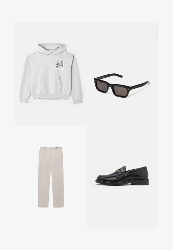Svetlo siva kapuca iz mehkega materiala z veliko sprednjo žepno in kapuco z vrvico. Ima majhen foto tisk na levem prsnem predelu.; Svetlo bež hlače iz mehkega materiala, s ravnim krojem, dvema stranskima žepoma in sprednjim gumbom za zapiranje. Lahke in gladke na otip.; Črne usnjene loafers čevlje z zaobljenim prstom, ki imajo zlat nakit in podrobnosti šivanja, postavljene na nizko, teksturirano gumijasto podplat.; Črne pravokotne sončna očala s temnimi lečami, debelim plastičnim okvirjem, zlatimi detajli na templjih in izgravirano blagovno znamko na ročaju.