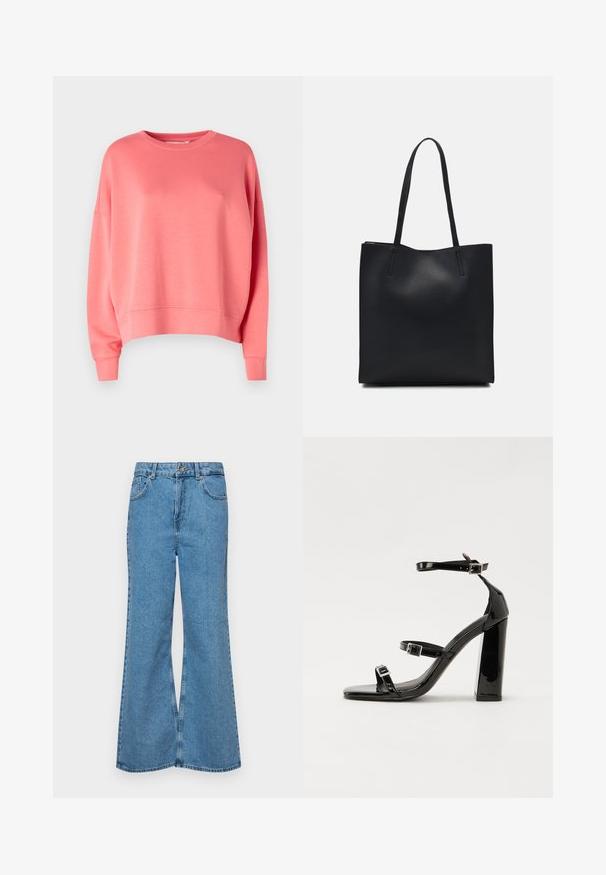 MSCH Copenhagen DALVINA IMA Q - Melegítőfelső - sugar coral; Világoskék, trapézszárú farmernadrág, magas derékkal, öt zsebbel és egy gombos záródással. Puha tapintású, magasított effektusú anyag.; Fekete lakk magas sarkú szandál négyzet alakú orral, bokapántokkal és ezüst csatokat tartalmaz. Masszív blokk sarka a stabilitásért felel.; Fekete bőrtáska sima felszínnel, téglalap alakú, két hosszú füllel. Nincs látható fémkiegészítő vagy díszítés.