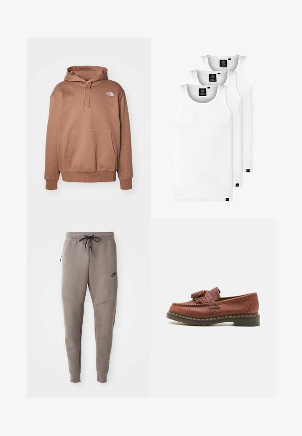 Haut à capuche marron en mélange de coton, doté d'une poche avant, d'une capuche avec cordon de serrage et d'un petit logo blanc sur la poitrine. Texture douce.; Trois débardeurs blancs côtelés en coton. Présentent un col rond et de petites étiquettes noires près de l'ourlet. Disponibles en plusieurs tailles.; Pantalon de survêtement gris Nike avec une taille élastique à cordon de serrage, des jambes fuselées, des poches latérales et un détail de couture distinct. Tissu doux et texturé.; Mocassin en cuir marron avec des accents de franges, surface texturée et coutures jaunes contrastantes le long de la semelle en caoutchouc noir. Vue de côté.