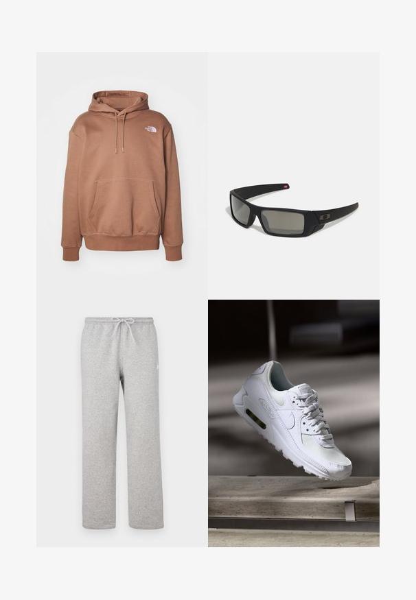 Sweatshirt castanho feito de mistura de algodão, com um bolso frontal, capuz com cordão e um pequeno logótipo branco no peito. Textura suave.; Calças de fato de treino cinzentas com cintura elástica e cordão. Feitas de tecido macio, apresentam pernas direitas e um detalhe subtil do logótipo.; Sapatilha Nike Air Max 90 branca com parte superior em malha e couro, caixa de dedos perfurada e uma unidade de ar visível no calcanhar.; Óculos de sol pretos com acabamento mate, lentes retangulares, leve curvatura nas hastes, detalhe sutil do logo e lentes de cor fumada.