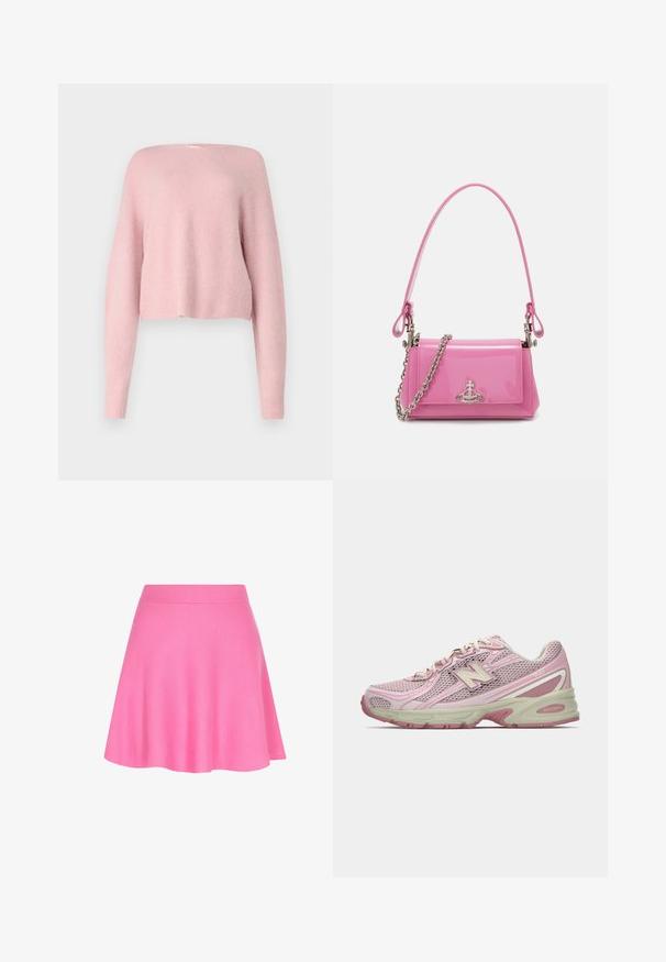 Weich rosa Strickpullover mit langen Ärmeln, weiter Passform und leicht gekürztem Saum vor einfarbigem weißem Hintergrund.; Rosa Strickrock mit einem taillierten Bund und schwingendem Design, aus weichem Material gefertigt, das eine glatte Textur verleiht.; Rosa und beige New Balance 740 Sneaker mit Obermaterial aus Mesh und Synthetik, Schnürverschluss und gepolsterter Sohle, seitlich dargestellt.; Rosa lackierte Handtasche mit rechteckiger Form, abnehmbarer Kettenriemen und silbernen Hardware-Details auf der Vorderseite.