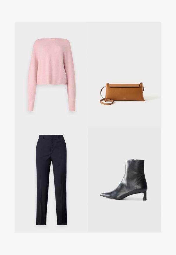 Suéter de malha rosa suave com mangas longas, corte solto e barra ligeiramente curta contra um fundo branco simples.; Calças ajustadas em azul-marinho com corte reto, apresentando uma textura suave, dois bolsos frontais e um cós liso.; Bota de tornozelo em pele preta com biqueira apontada e um design elegante. Apresenta um salto baixo e um fecho com zipper na parte de trás. Textura suave.; Pasta de mão em couro castanho, formato retangular, superfície texturizada, alça destacável, fecho de correr, logotipo subtil embutido na parte da frente.