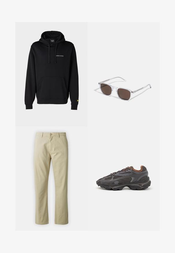 Felpa nera in cotone con tasca a marsupio frontale. Presenta un testo logo bianco sul petto e un logo di un uccello giallo sulla manica.; Pantaloni in cotone beige dal design a gamba dritta, con chiusura frontale a bottone e passanti per cintura. Tessuto liscio, senza motivi o dettagli visibili.; Sneaker Lacoste grigie scure in materiale mesh e sintetico, con suola testurizzata e dettagli marroni sul colletto e sul branding.; Occhiali da sole trasparenti in plastica con lenti rettangolari marroni, dotati di sottili aste trasparenti e dettagli in metallo sulle tempie.