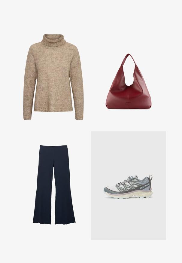 Beige Pullover mit hohem, umgeschlagenem Rollkragen. Aus strukturiertem Strickstoff gefertigt. Verfügt über lange Ärmel und eine lässige Passform, mit Rippdetails am Saum.; Langärmliges, weißes T-Shirt aus weicher Baumwolle. Es hat einen Rundhalsausschnitt und einen geraden Schnitt mit minimalen Nähten sowie ohne sichtbare Logos oder Muster.; Marineblauwe, weite Hose aus strukturiertem Stoff mit hoher Taille und ausgestelltem Saum, die eine glatte, fließende Silhouette bieten.; Leichter, multifunktionaler Laufschuh mit einem grauen und weißen Obermaterial, strukturiertem Mesh, gepolsterter Sohle und auffälliger Schnürung.; Rote Leder-Hobo-Tasche mit einem breiten, lässigen Design und einer großen Öffnung, die eine dezente Textur und ein auf der Vorderseite prägtes Logo aufweist.