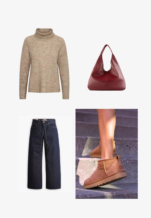 Beige trui met een hoge, omgeslagen col. Gemaakt van een gestructureerde breisel. Heeft lange mouwen en een relaxte pasvorm, met ribbel details aan de onderrand.; Langsleeve witte t-shirt van zacht katoen. Heeft een ronde halslijn en een rechte snit met minimale naden en geen zichtbare logo's of patronen.; Wijd pijpjes donkerblauwe denim jeans met een hoge taille, voorzien van een trekkoord, vijf zakken en contrasterende stiksels.; Tamme suède enkelboots met een zachte textuur, gestikte details en een rubberen zool, met een lusvormige hak voor gemakkelijk aan- en uittrekken.; Rode leren hobo tas met een brede, slungelige vorm en een grote opening, met een subtiele textuur en een op de voorkant geperst logo.