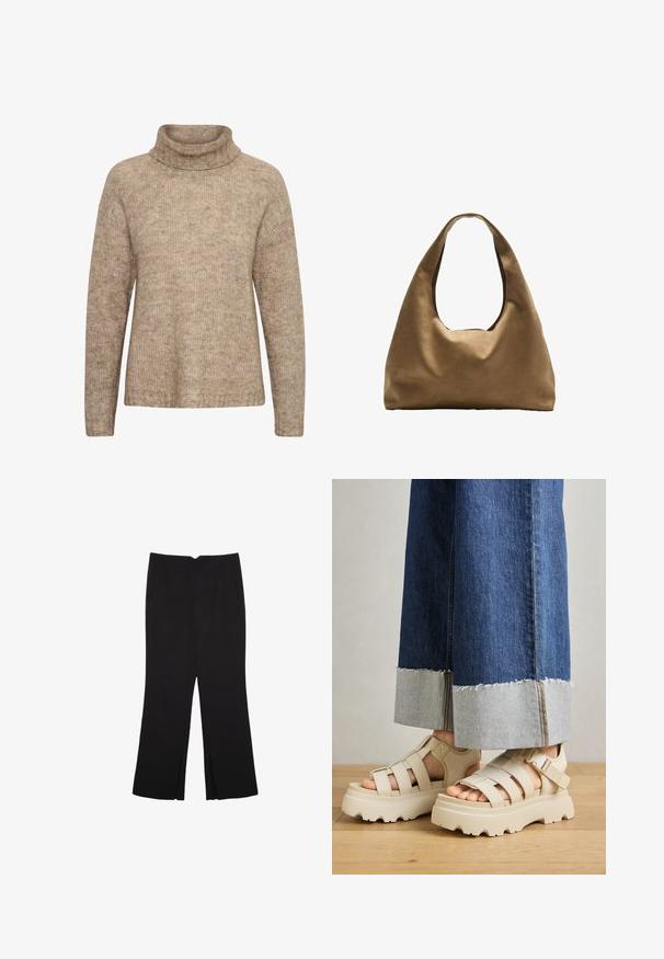 Maglione beige con collo alto ripiegato. Realizzato in tessuto a maglia testurizzata. Presenta maniche lunghe e una vestibilità rilassata, con dettagli a costine sull'orlo.; Pantaloni neri a gamba dritta, con tasche frontali e spacchi laterali all'orlo. Realizzati in tessuto morbido e liscio. Adatti a diverse occasioni.; Sandali platform beige con suole spesse presentano un design a cinturini e fettucce regolabili alla caviglia. Indossati con pantaloni in denim a gamba larga, un'orlo è sfilacciato.; Borsa a spalla in tessuto marrone con un corpo ampio e arrotondato e una grande maniglia a taglio. Texture morbida, design minimalista e senza hardware visibile.