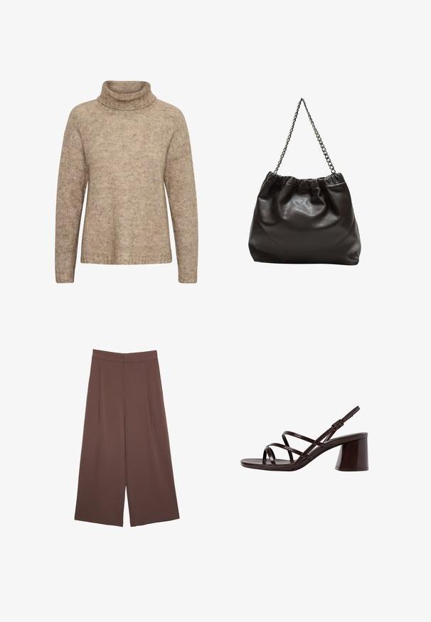 Pull beige avec un col roulé haut et replié. Fabriqué en tissu à maille texturée. Doté de manches longues et d'une coupe décontractée, avec des détails côtelés au niveau de l'ourlet.; Pantalons larges marron avec une texture lisse, dotés d'une taille haute et de plis à l'avant. Le tissu est léger et tombe de manière fluide.; Sandale à talons hauts marron avec des brides, dotée d'un talon épais, affichant une finition lisse et brillante avec plusieurs brides croisées sur le dessus.; Sac en cuir marron avec un haut froncé et une bandoulière en chaîne. Texture lisse avec une finition brillante et des coutures subtiles sur les côtés.