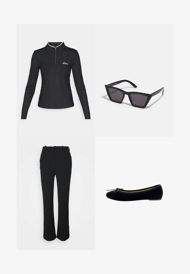 Schwarzes Langarm-Zip-Up-Oberteil mit gerippter Textur, kontrastierendem weißen Kragen und kleinem Logo auf der Brust. Enganliegendes Design.; Schwarze, maßgeschneiderte Hose mit glatter Oberfläche, geradem Bein-Design und einem Bund. Verfügt über subtile Nähte und keine Taschen.; Schwarze Samt-Ballerinas mit runder Zehenpartie, einer kleinen Schleifenapplikation auf der Vorderseite und einem kontrastierenden gelben Innenfutter.; Schwarze, eckige Sonnenbrille mit grauen Gläsern; aus Kunststoff gefertigt, mit dicken Bügeln, die eine glatte Oberfläche und keine sichtbaren Beschläge haben.