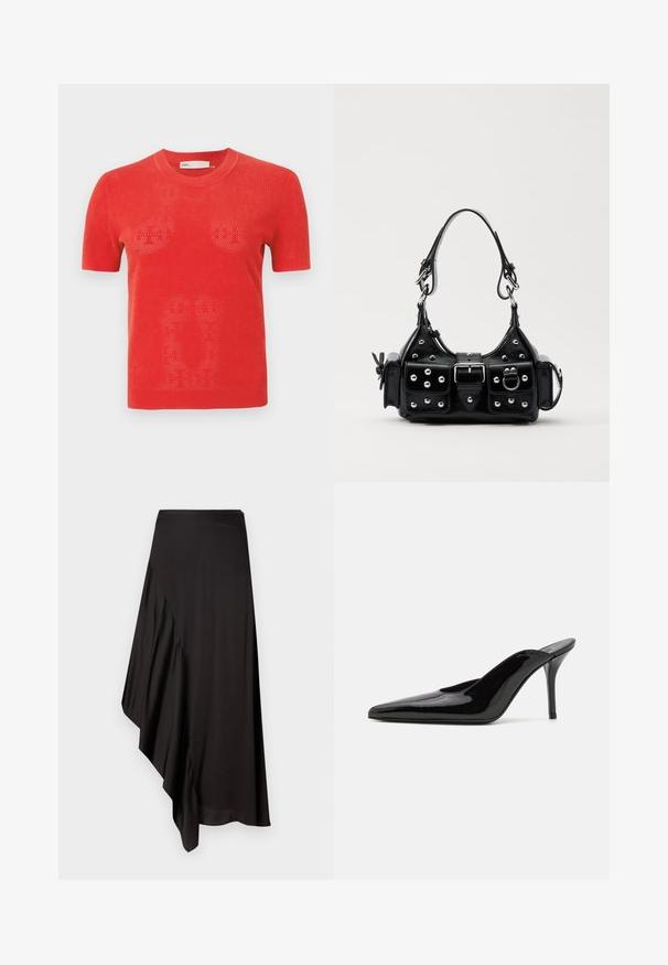 Red short-sleeve knit t-shirt with a perforated design. Features a round neckline and a straight hem. Material appears lightweight and breathable.; AERON ASTER SKIRT - Pencil skirt - black; Black patent leather high-heeled mule with a pointed toe and a sleek silhouette, featuring an open back and a slender stiletto heel.; Black leather handbag with a curved design, featuring silver studs, a buckle, and two side pockets. Adjustable strap for carrying options.