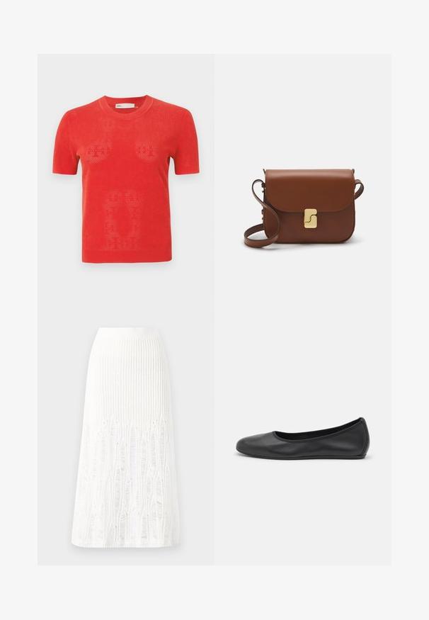 Punane lühikeste varrukatega kudumissärk, millel on auguline disain. Omab ümmargust kaelust ja sirget äärt. Materjal näib olevat kerge ja hingav.; Kootud valge midi seelik, millel on tekstuurine muster vertikaalsete joonte ja lõike-detailidega hemmi lähedal. Elastne vöökoht. Pehme materjal.; Musthave mustika tantsutossud mustast nahast, ümmarguse varbaga, siledast tekstuurist, minimaalse õmblusdetailiga ja paindliku tallakujundusega.; Pruunist nahast käekott, millel on klapiga sulgur, kuldne riistvara, õlarihm ja sile tekstuur. Kompaktne ristkülikukujuline vorm.