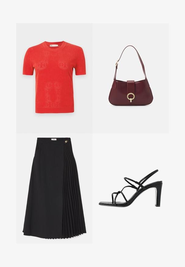 Sarkans īsām piedurknēm adīts T-krekls ar perforētu dizainu. Tam ir apaļa kakla izgriezuma un taisna apakšmalu. Materiāls šķiet viegls un elpojošs.; Melna midi svārku izstrādājumu ar krokotu dizainu vienā pusē, izgatavotu no viegla auduma, ar slēptu rāvējslēdzēju un sānu kabatām.; Melnas papēžu siksniņas ar plānām siksnām, teksturētu apdari, atvērtu purngalu un elegantu, smailu papēdi. Iezīmē gludu iekšējo daļu un spīguļojošu virsmu.; Bordo ādas rokassoma ar izliekta formu, ar zeltainu apaļu detalizāciju un vienu plecu siksnu. Gluda tekstūra, minimālistisks dizains.