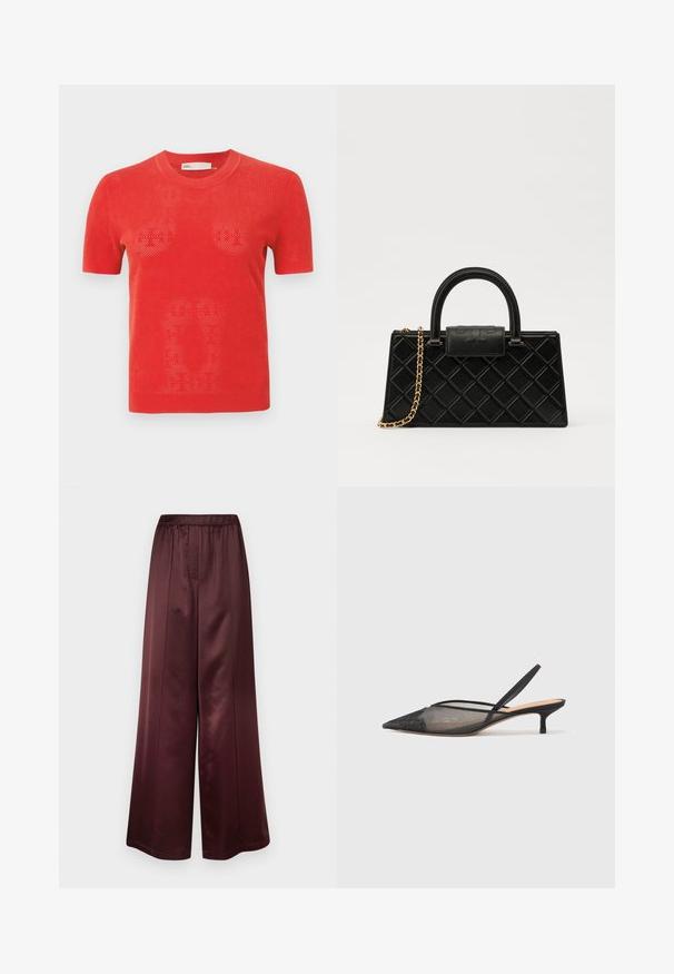 Sarkans īsām piedurknēm adīts T-krekls ar perforētu dizainu. Tam ir apaļa kakla izgriezuma un taisna apakšmalu. Materiāls šķiet viegls un elpojošs.; Platas kājas bikses dziļi bordo satīna apdarē, ar elastīgu jostu un gludu tekstūru, bez redzamām rakstīm vai akcentiem.; NEOUS IRENA - Klasiski papēži - black; Melnā rokassomiņa, kas izgatavota no teksturētas ādas, ar dimanta rakstu, zelta toņa ķēdes siksnu un augšējo rokturi ar logo reljefā slēgšanu.
