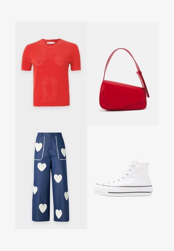 Rode korte mouw gebreide t-shirt met een geperforeerd ontwerp. Heeft een ronde halslijn en een rechte zoom. Het materiaal lijkt lichtgewicht en ademend.; Sister Jane HEART TO HEART - Straight leg jeans - blue denim; Witte high-top canvas sneakers met een zwarte rubberen zool, een rubberen neuskap aan de voorkant en zes gaatjes voor veters, met een schone, minimalistische uitstraling.; Rode leren handtas met een hoekig, geometrisch ontwerp. Beschikt over een enkele verstelbare schouderriem en een klepclosure met gestikte details.
