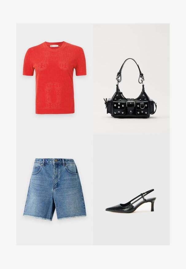 Punainen lyhythihainen neulepaita, jossa on rei'itetty muotoilu. Ominaisuuksia ovat pyöreä kaula-aukko ja suora helma. Materiaali vaikuttaa kevyeltä ja hengittävältä.; Vaaleansiniset farkkushortsit, joissa on korkea vyötärö, nappikiinnitys, etutaskut ja risat reunat rennon istuvuuden saavuttamiseksi.; Musta patent slingback-kiilakorko teräväkärkisellä muotoilulla, jossa on teksturoitu käärmeennahkakuosi, säädettävä remmi ja lyhyt, teksturoitu blokkiheel.; Musta nahkainen käsilaukku, jossa on kaareva muotoilu, hopeiset niitit, solki ja kaksi sivutaskua. Säädettävä olkahihna erilaisiin kantovaihtoehtoihin.