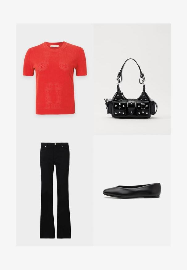 Red short-sleeve knit t-shirt with a perforated design. Features a round neckline and a straight hem. Material appears lightweight and breathable.; Black flared jeans made of denim, featuring two front pockets, a button closure, and a smooth texture. Signature stitching visible at seams.; Paul Smith TOPANGA - Ballet pumps - black; Black leather handbag with a curved design, featuring silver studs, a buckle, and two side pockets. Adjustable strap for carrying options.