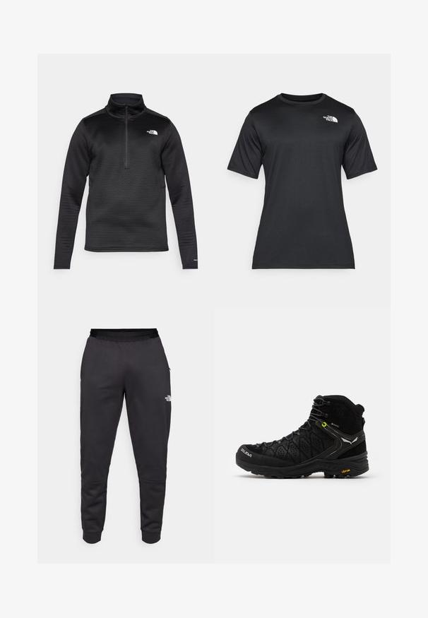 Crni pulover od flisa s teksturiranim, rešetkastim uzorkom, ovratnikom s četvrtim zatvaračem i logotipom na lijevoj prednjoj strani. Dugi rukavi i fleksibilna tkanina.; Crna majica kratkih rukava od lagane, prozračne tkanine koja upija vlagu. Ima bijeli logo na lijevoj strani prsnog koša i okrugli izrez.; Crne trenirke od glatkog materijala, s uskim krojem, elastičnom strukom i detaljem loga na desnoj nozi.; Crne planinarske čizme s teksturiranim gornjim dijelom, ojačanim prstima i Vibram potplatom. Sustav vezivanja uključuje kuke za sigurno prianjanje.