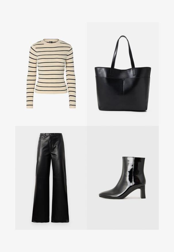 Kremfarget ribbestrikket genser med svarte horisontale striper, rund halslinning og lange ermer. Har en tettsittende design og sømløs tekstur.; Sorte høy midje vide ben bukser i imitert skinn med knapp foran, glidelås, beltehemper og sidelommer på hvit bakgrunn.; Sorte patentlær ankle boot med spiss tå og en mellomhøy blokkhelt. Glatt tekstur og minimalistisk design.; Svart lær toteveske med to lange håndtak, en glatt tekstur og en strukturert form. Har en frontlomme for ekstra oppbevaring.
