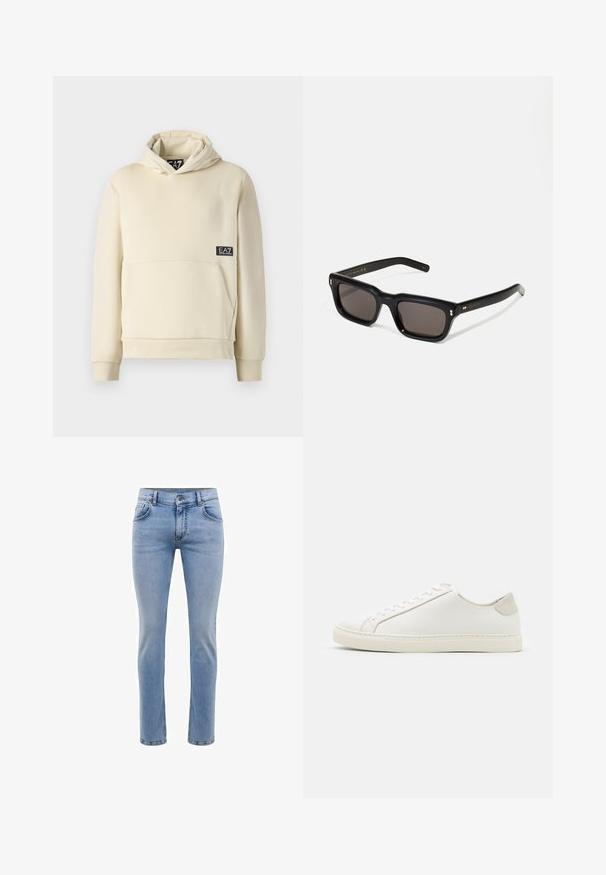 Cream-colored hoodie with a kangaroo pocket, drawstring hood, and branded patch on the lower front. Soft fabric and ribbed cuffs.; Light blue denim jeans with a slim fit, five pockets, and a straight leg design. Features a zipper fly and belt loops. Soft texture.; White leather sneaker with a smooth surface, round toe, and minimalistic design. Features beige accents on the heel and a rubber sole.; Black rectangular sunglasses with dark lenses, thick plastic frame, gold accents on temples, and brand logo engraved on the arm.