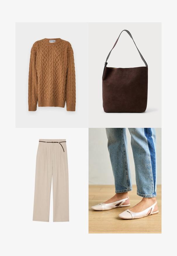 MOSCHINO MAGLIA - Maglione - marrone; Pantaloni beige a gamba larga con pieghe, realizzati in tessuto leggero, dotati di una cintura intrecciata marrone e orlo dritto.; Ballerine slingback rosa pallido con punta affusolata, realizzate in un materiale simile alla pelle liscio. Presentano dettagli a taglio sui lati e un tacco piatto.; Borsa a spalla in suede marrone con una texture liscia e una singola tracolla regolabile; presenta un design minimalista e un branding sottile sulla parte frontale.