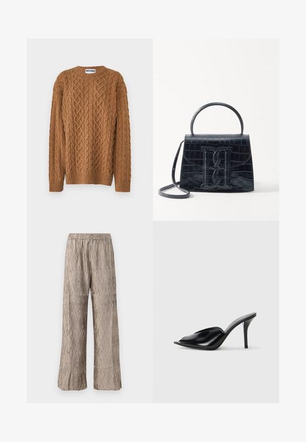 MOSCHINO MAGLIA - Džemper - marrone; Kerged pruunid laiad püksid, mis on valmistatud tekstureeritud kangast, millel on vertikaalsed sooned. Omavad elastset vööd ja siledat viimistlust.; Mustad nahast kõrge kontsaga mulad avatud varbaga, terava disainiga, siledapinnalised ja kitsaste stilettokontsadega.; Must musta krokodillimustriga nahast käekott, millel on struktureeritud disain, ülemine käepide, reguleeritav rihm ja silmapaistev esiküljel logo detail.