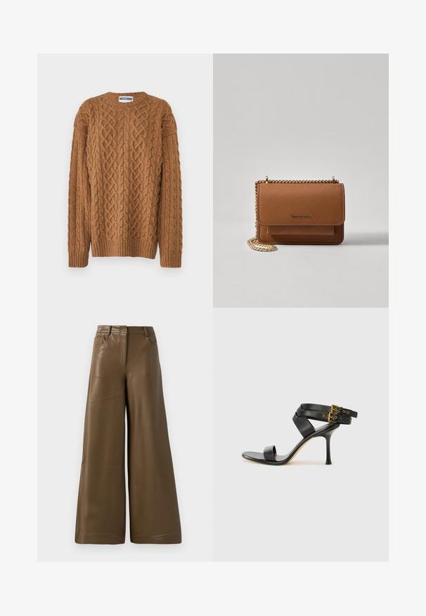 MOSCHINO MAGLIA - Strickpullover - marrone; Hoch taillierte, weit geschnittene Hose aus glattem, braunem Kunstleder. Mit vier Taschen und einem Reißverschluss auf der Vorderseite. Flache Textur und minimalistisches Design.; Schwarze Absatzsandale mit gekreuzten Riemen und verstellbarem Schnallenverschluss. Sie verfügt über eine glatte Textur und einen schmalen Stiletto-Absatz.; Braune strukturierte Ledertasche mit goldener Kettenriemen und Klappenverschluss. Die Vorderseite zeigt ein Logo-Detail und eine Tasche unter der Klappe.