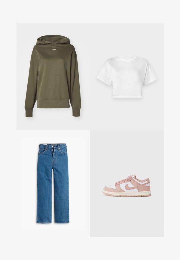 Sweatshirt verde-oliva feito de tecido macio, com um corte descontraído, um decote profundo e um pequeno logo "BOSS" em bege no peito.; Camiseta cropped branca em algodão. Mangas curtas, decote redondo, textura suave, design casual sem padrões ou embellishments.; Jeans de ganga azul straight-leg com uma cintura alta, design de cinco bolsos e fecho de botão. Costura visível e rebites em tom cobre.; O ténis apresenta um cabedal em camurça rosa suave, painéis em couro branco e uma sola de borracha texturada. Destaca-se o logótipo swoosh nas laterais e o design com atacadores.
