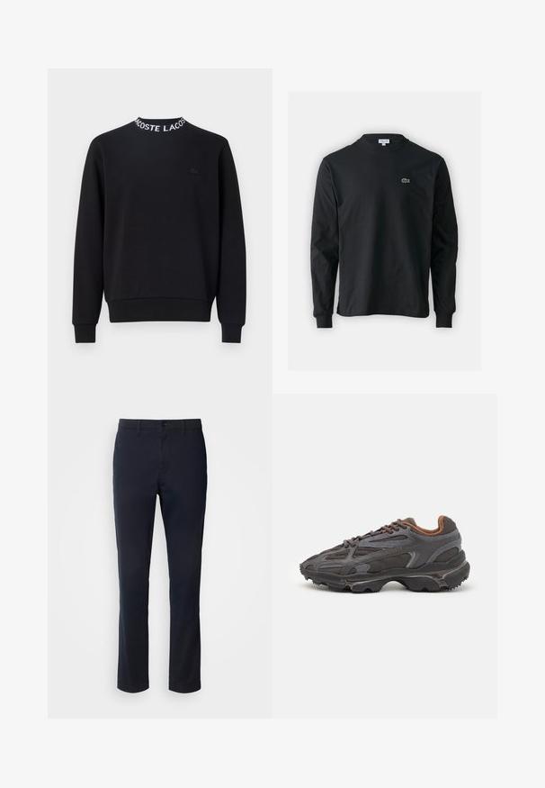 Fekete pulóver kerek nyakkivágással, fehér "LACOSTE" felirattal, bordázott mandzsettákkal és aljjal, valamint egy kis fekete logóval a mellkason.; Fekete hosszú ujjú pamut póló, kerek nyakkivágással, bal mellen egy kis zöld hímzett krokodil logóval.; Sötétkék nadrág sima anyagból, egyenes szárú kialakítással, övhurkokkal és gombos záródással, cipzáras kivitelben.; Sötét szürke Lacoste sportcipők hálós és szintetikus anyagból, textúrázott talppal és barna díszítésekkel a nyak részen és a logón.