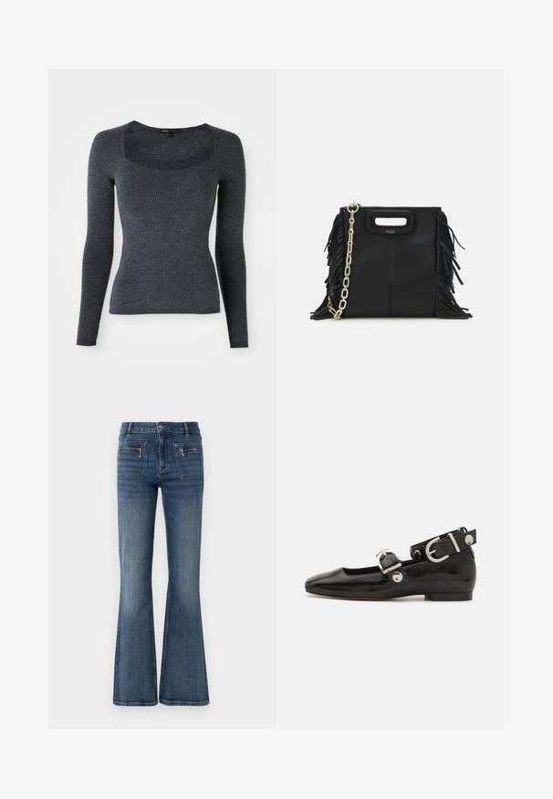 Dark gray long-sleeve ribbed sweater with a square neckline and textured pattern on the chest. Made from soft knit fabric.; Navy ribbed polo shirt featuring a pointed collar, short sleeves, and two front pockets with snap buttons; highlighted with white stitching accents.; Flared blue denim jeans with a mid-rise waist, featuring front and back pockets and a subtle faded wash.; Black patent leather flat shoe with a squared toe, ankle strap featuring silver hardware, and flat sole. Smooth texture with minimalist design.; Black leather handbag with fringe details, gold chain shoulder strap, and a cut-out handle. Features logo placement on the front.