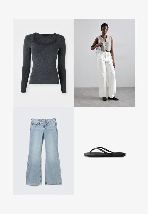 Tumehall pikkade varrukatega ribakudumiga sviiter, millel on ruudukujuline kaelus ja tekstuuriga muster rinnal. Valmistatud pehmest kudumist.; Helehallid lõhkuva lõikega teksad tuhmunud viimistlusega, viiepistega disain ja kontrastõmblused. Puuvillane teksakangas, sileda tekstuuriga.; Mustad mustes suss, millel on tekstureeritud kummist põhi, kaks peenikest rihma ja tagasihoidlik, reljeefne logo detail rihmal.; Hallitatud hall vest nööpidega, koos valgete laia säärega teksade ja mustade lameda tallaga kingadega. Kaunistatud väikese hõbedase frantsiisiga kotiga.