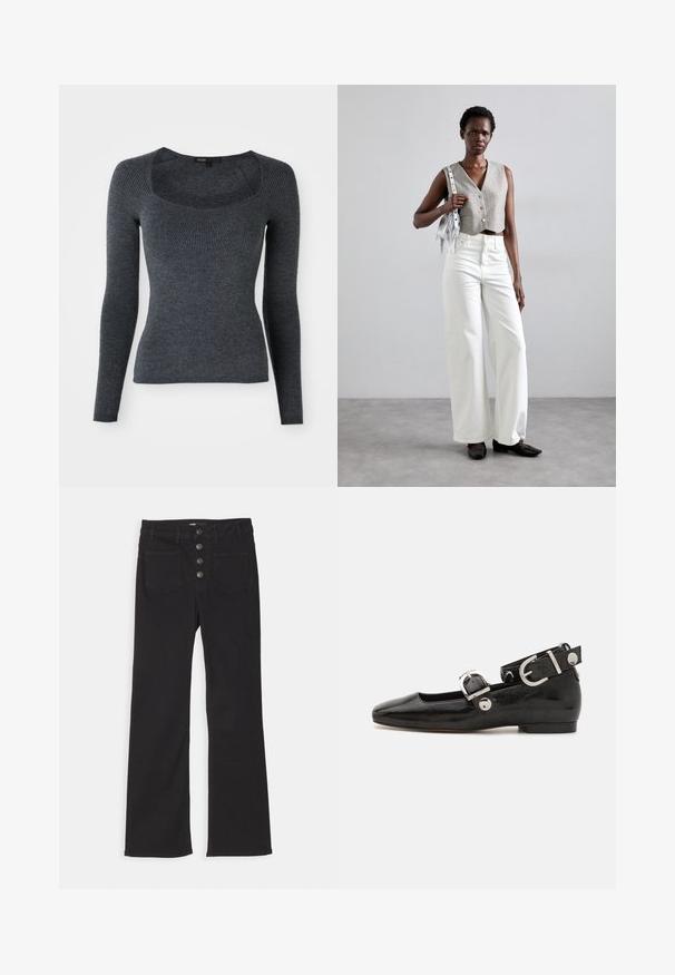 Mörkgrå långärmad ribbstickad tröja med fyrkantig halsringning och texturmönster på bröstet. Tillverkad av mjukt stickat material.; Svarta denimjeans med utsvängd byxben, hög midja, femfickorsdesign och knappstängning framtill med fyra metalldon.; Svart lacklädersplattork med fyrkantig tå, ankelrem med silverfärgad detalj och platt sula. Slät yta med minimalistisk design.; Grå kortärmad väst med knappar, kombinerad med vita vida jeans och svarta platta skor. Accessoarer med en liten silverfärgad fransväska.